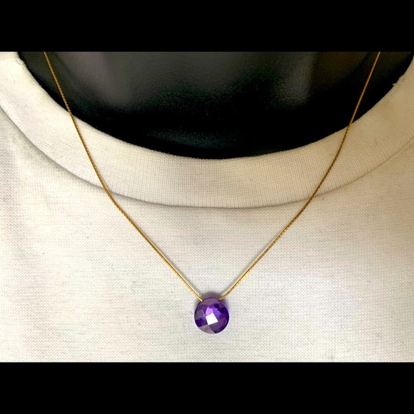Shiny purple semi-precious stone choker necklace with gold color fine chain - Picture 8 of 11